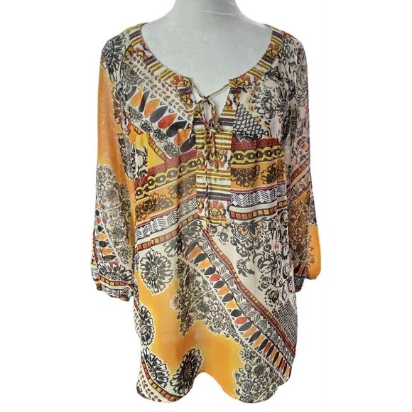 FIG & FLOWER Anthropologie Pullover V Neck Blouse Multicolor Orange L 81-14 - Picture 2 of 14